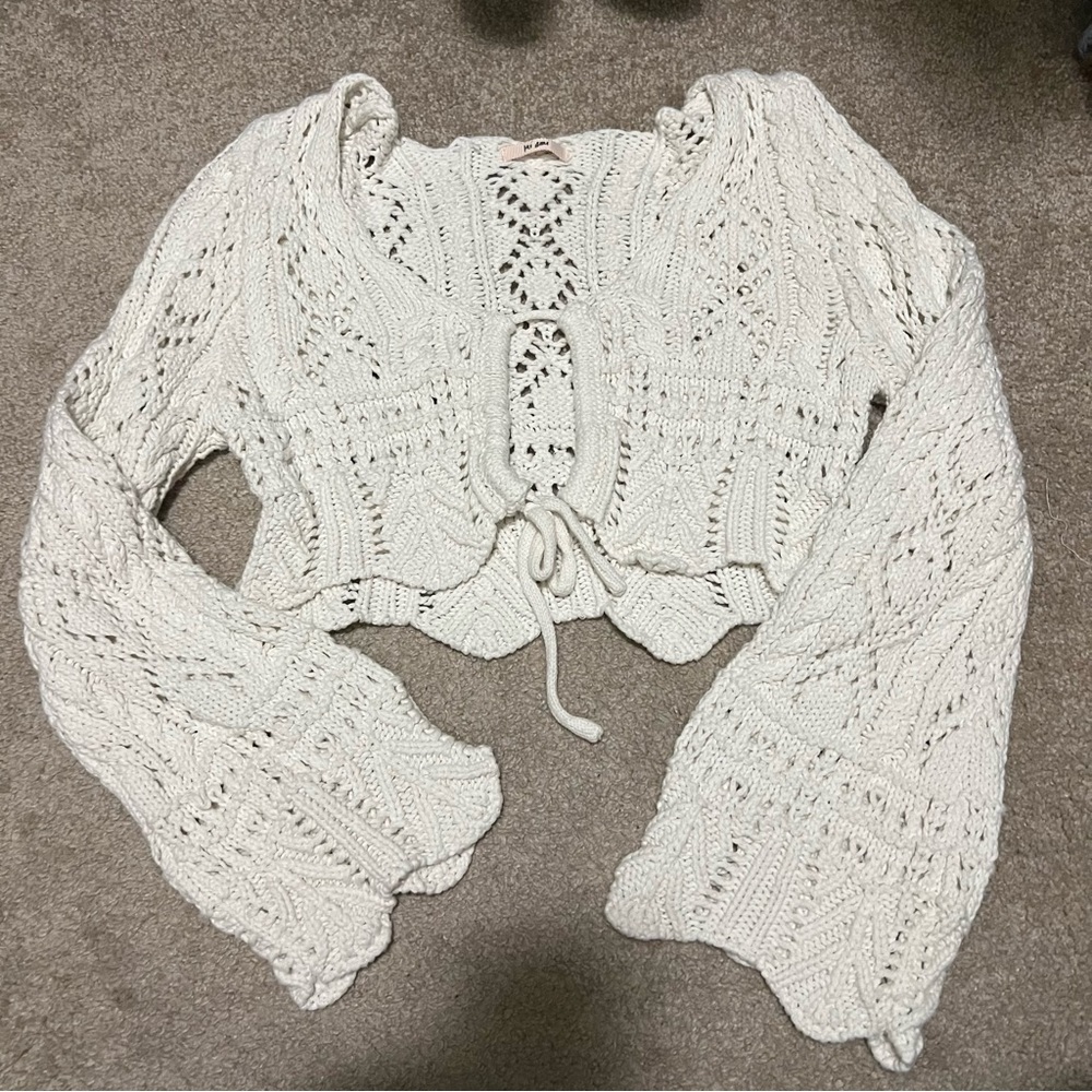 White Crochet keyhole Knit Crop Sweater